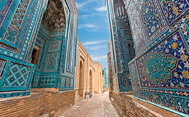 The Shakhi Zinda Mausoleums and Necropolis adorned with mosaics in Samarkand, Uzbekistan